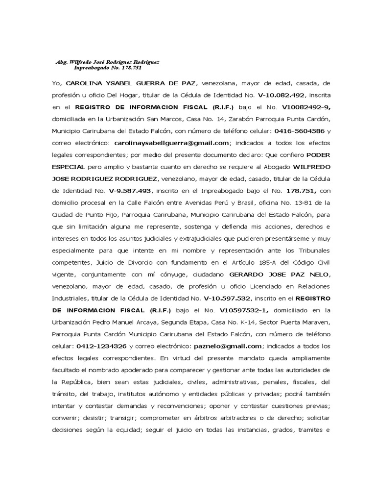 Poder Divorcio 185 A para Cliente Wilfredo Rodriguez PDF Gobierno