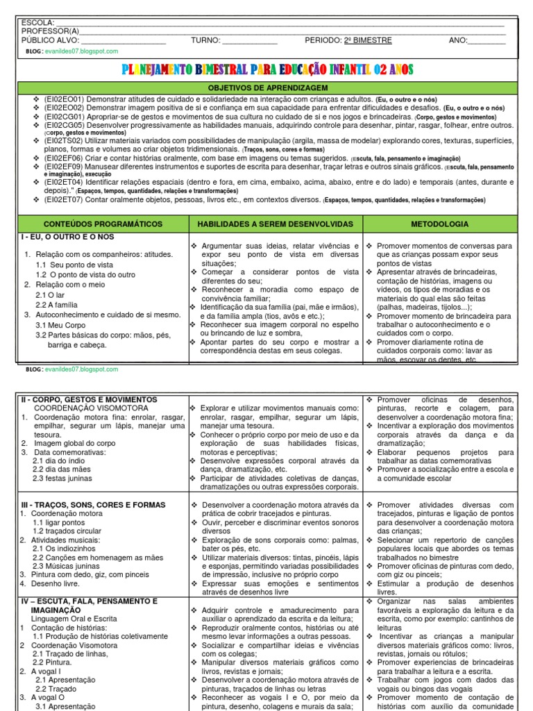 Planejamento Bimestral para Educação Infantil 02 Anos - 2