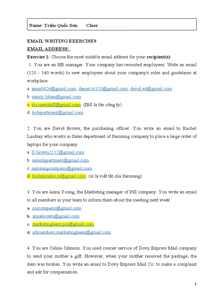 Email Writing Exercises for Students | PDF | Communication | Service ...