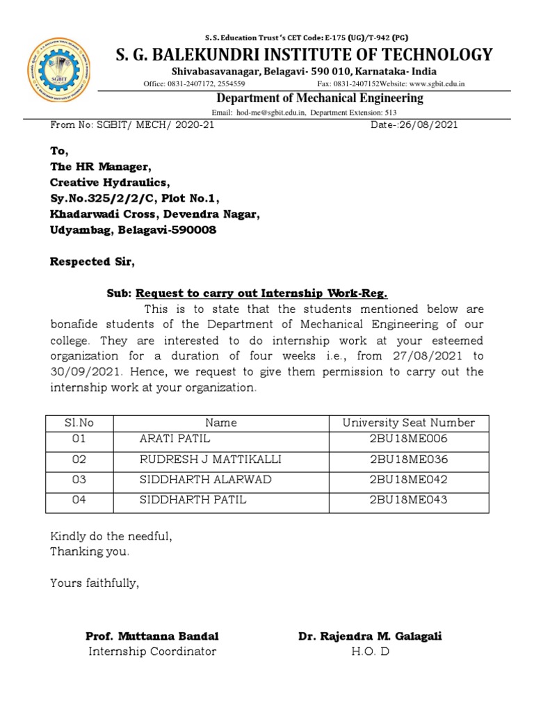 Mechanical Engineering Internship Request | PDF