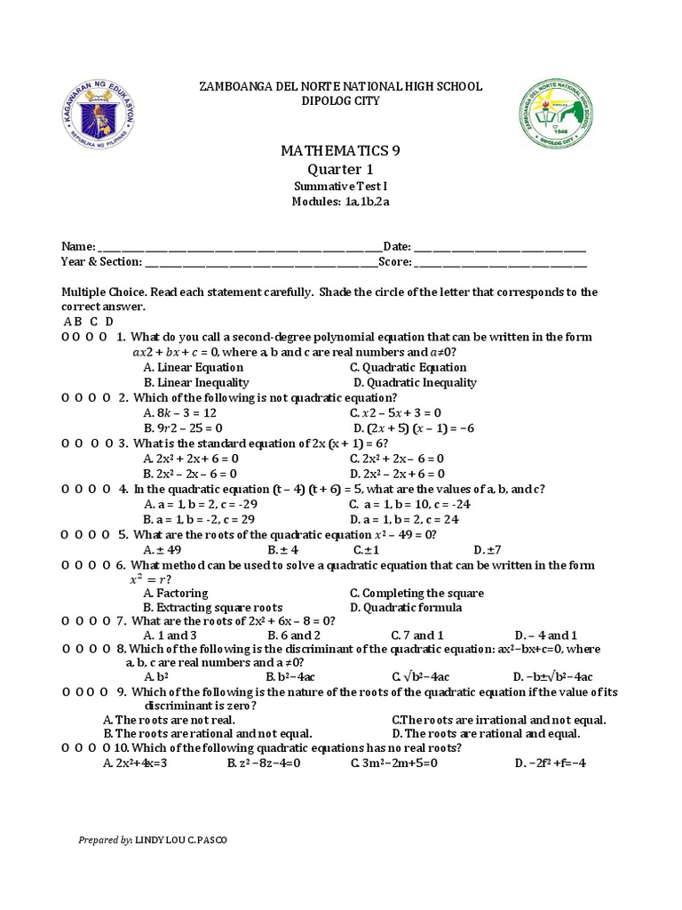 Math 9 Summative Test And Performance Task 1 1 Pdf Quadratic