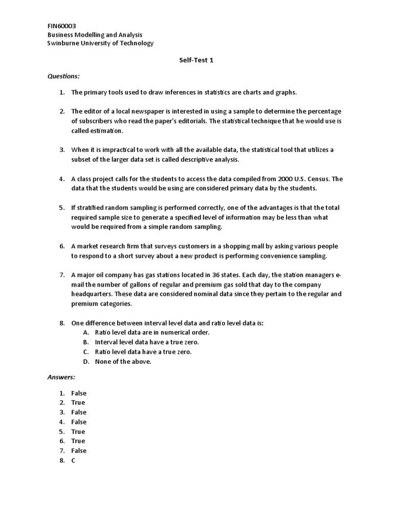 Questions:: Self-Test 1 | PDF