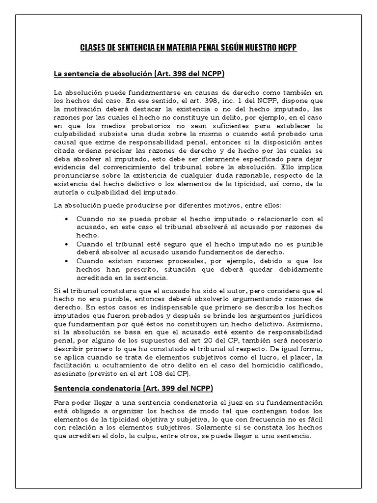 Clases de Sentencia en Materia Penal Según Nuestro NCPP | PDF