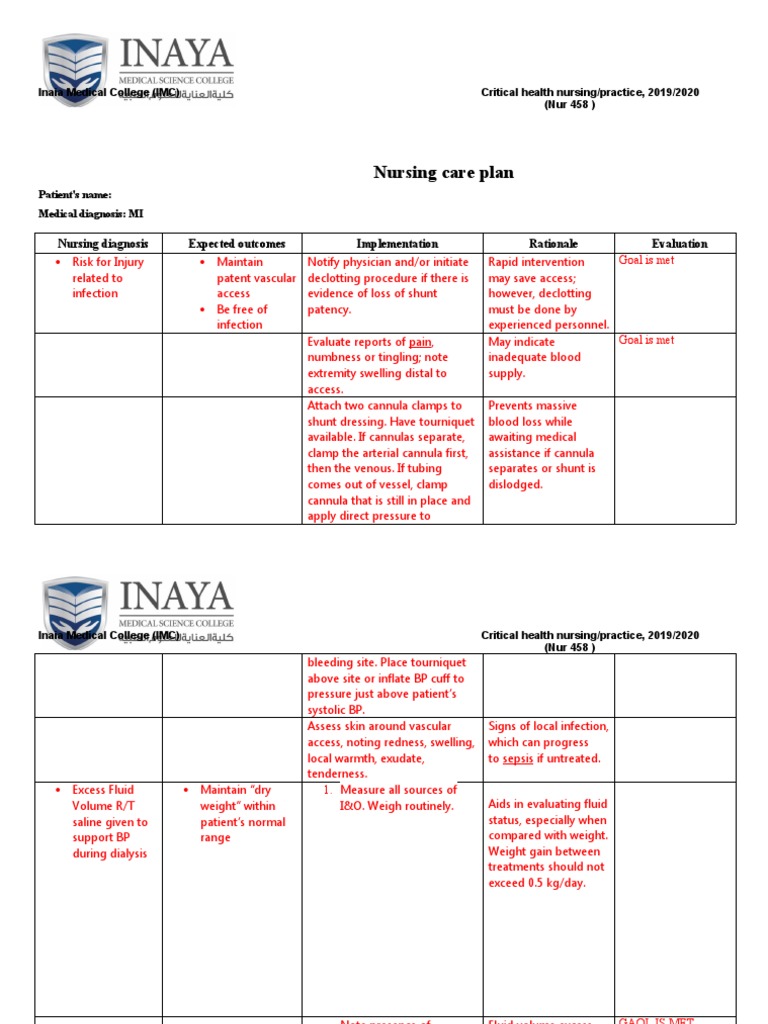 Nursing Care Plan: Inaia Medical College (IMC) Critical Health Nursing ...