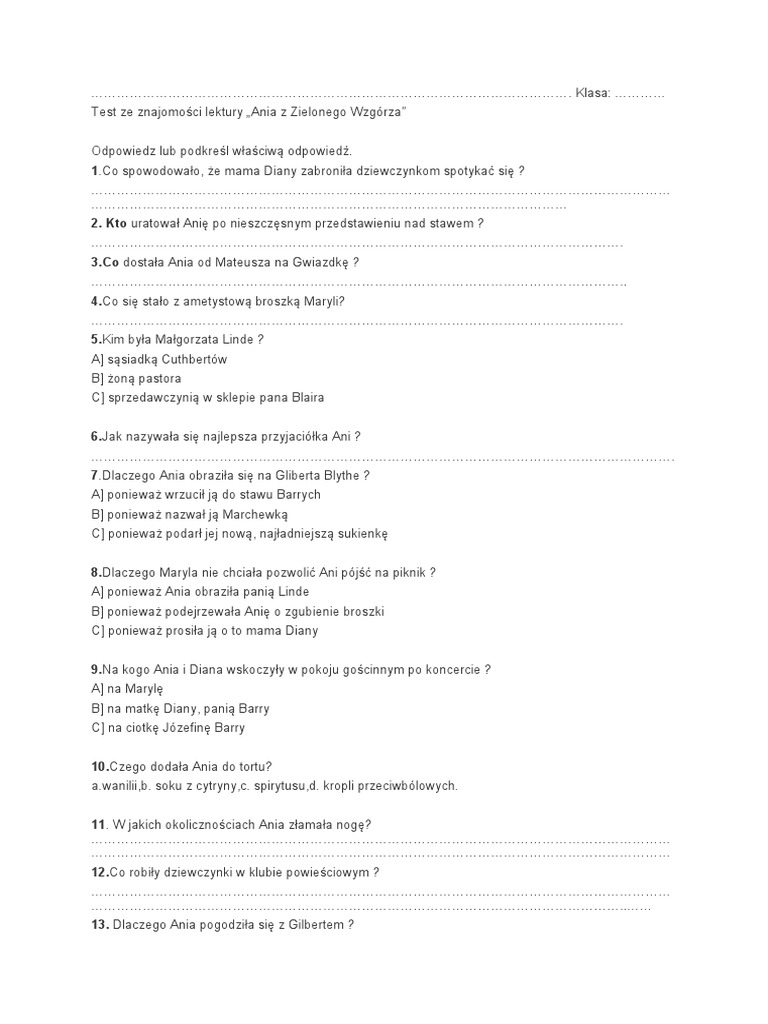 Test Z Ani Zielonego Wzgórza Ania Z Zielonego Wzgórza | PDF