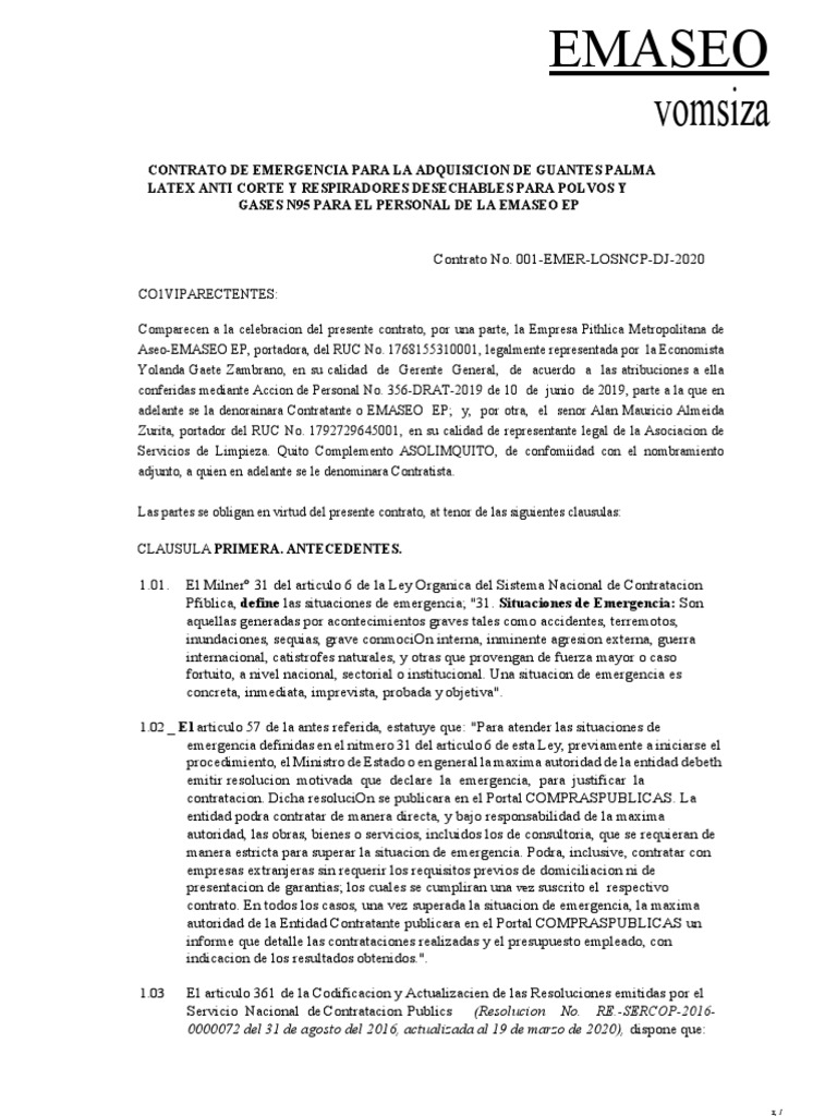 Contrato de Emergencia 001 y Habilitantes | PDF | Póliza de seguros ...