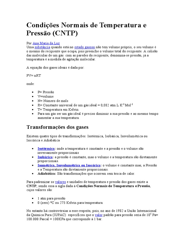 Cntp: Condições Normais De Temperatura E Pressão – FFLR