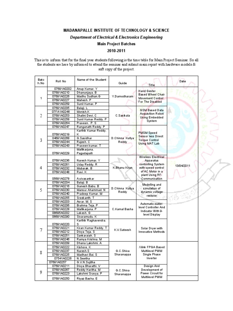 Main Project Seminar Schedule 2011 | PDF | Electricity | Electrical ...