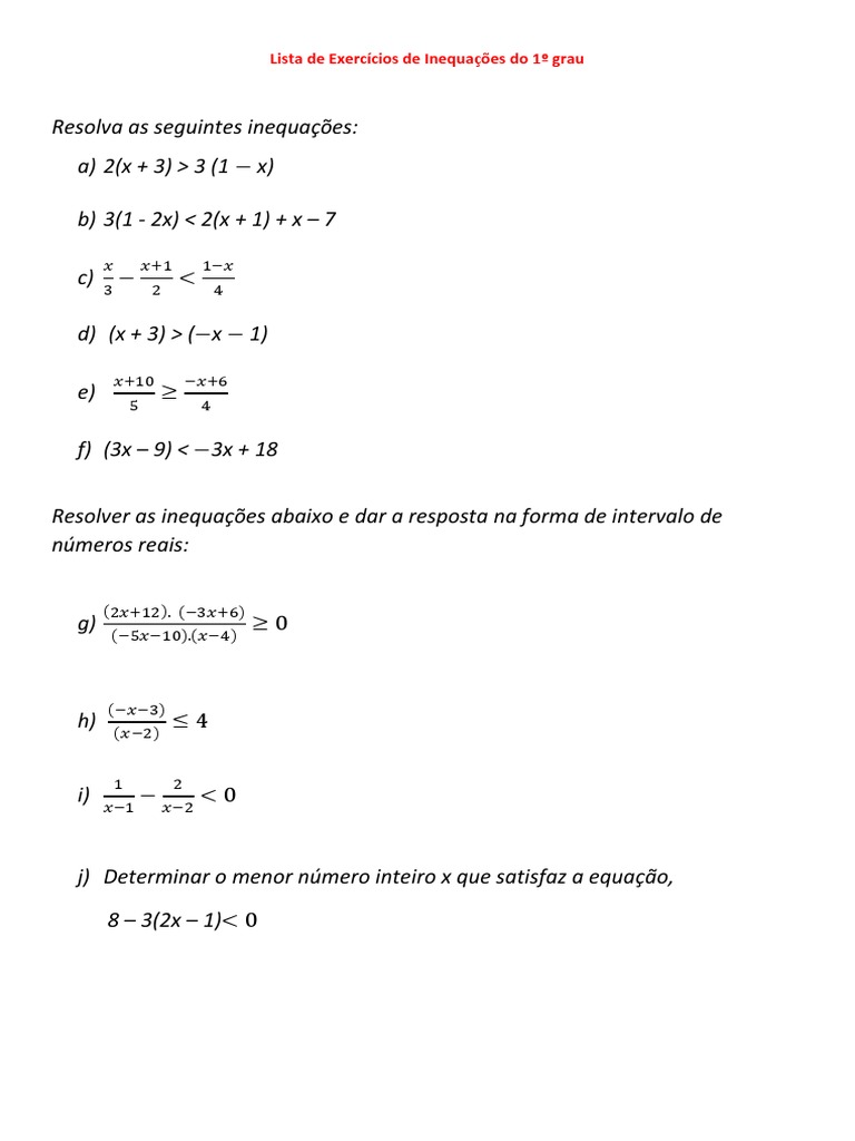 Lista de Exercícios de Inequações Do 1º Grau | PDF
