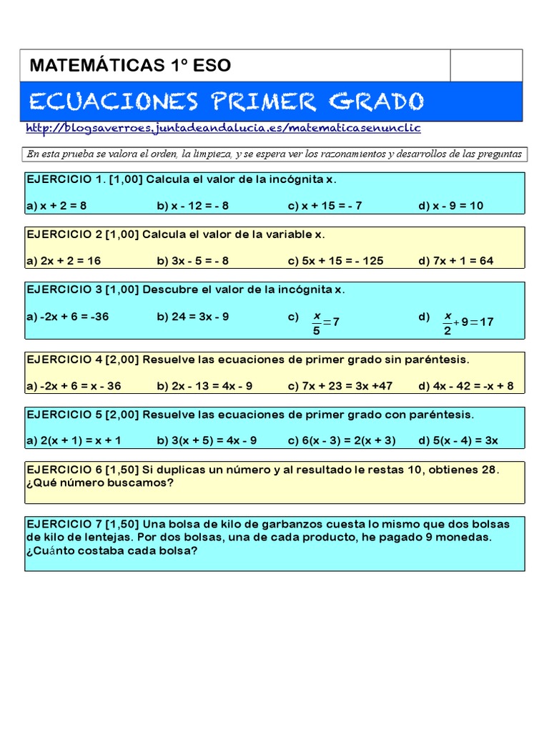 Examen Ecuaciones T7.primer Grado Resueltas PDF