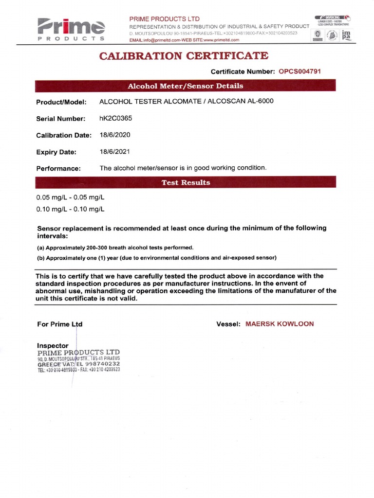Calibration Certificate for Alcohol Tester | PDF | Business ...