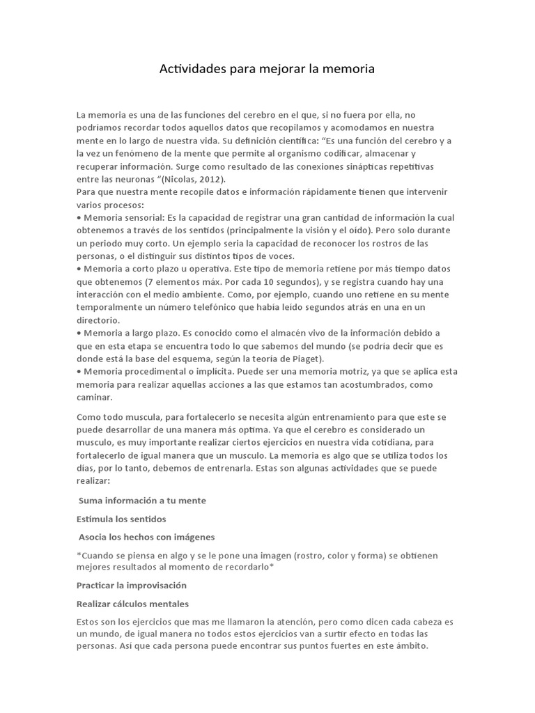 Actividades para Mejorar La Memoria | PDF | Memoria | Mente