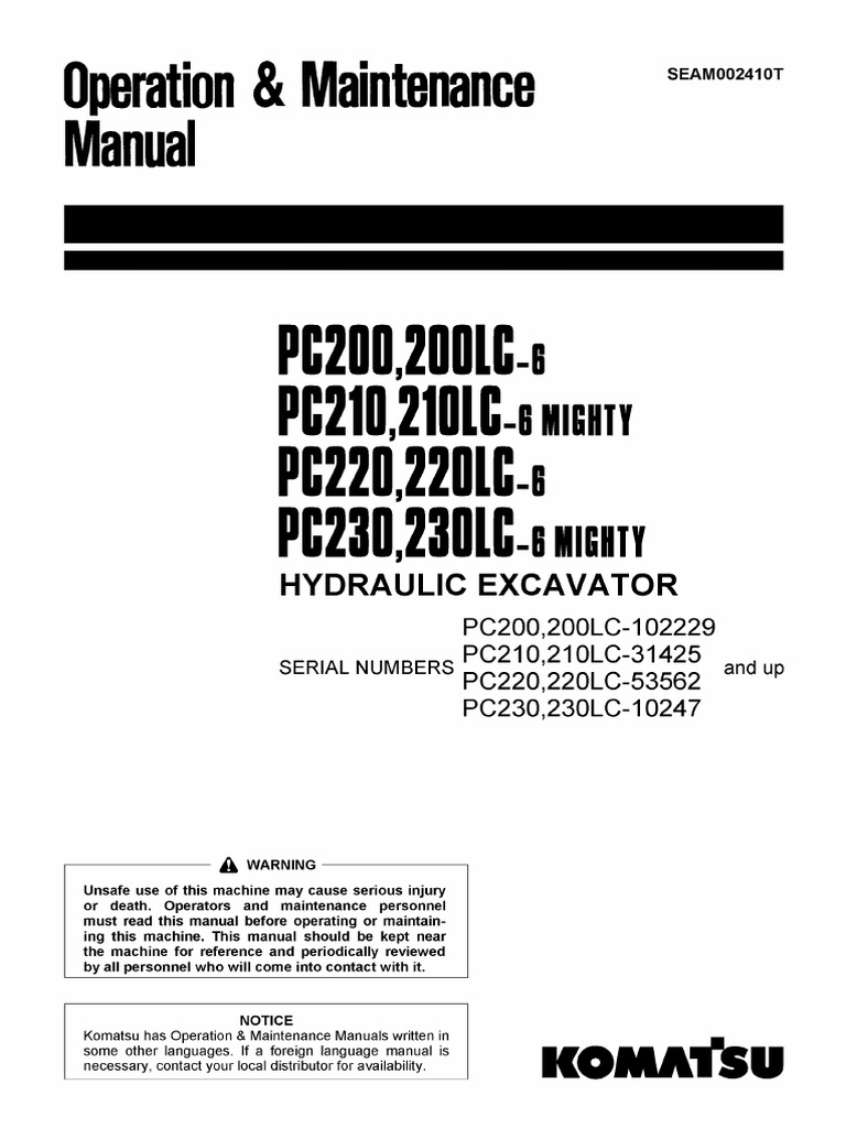 Komatsu PC200,200LC-6, PC210,210LC-6 Mighty, Pc220, PC220LC - 6