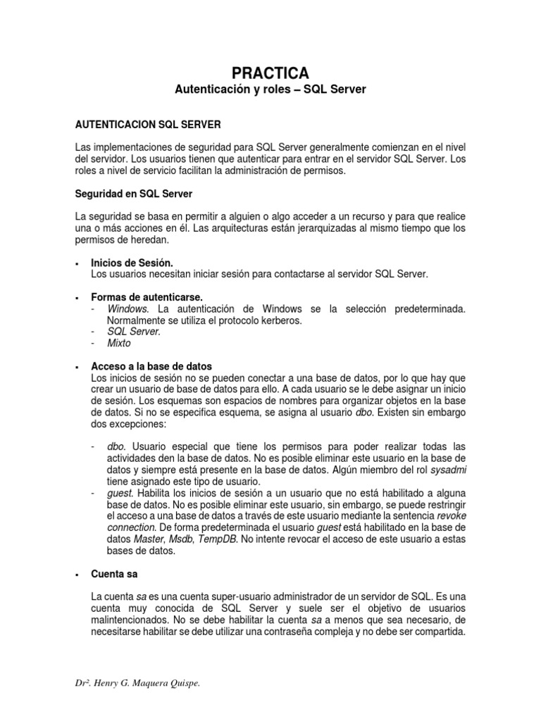 Autenticación y Roles en SQL Server | PDF | Servidor SQL de Microsoft ...