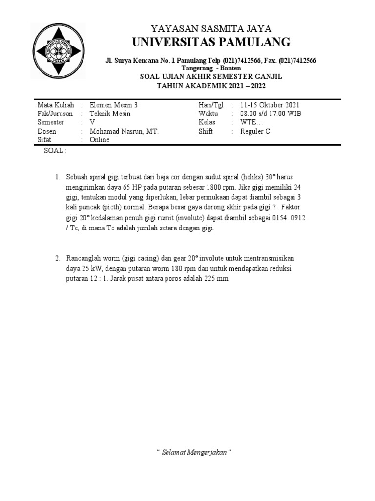 Soal Ujian Elemen Mesin 3 2021 Pdf