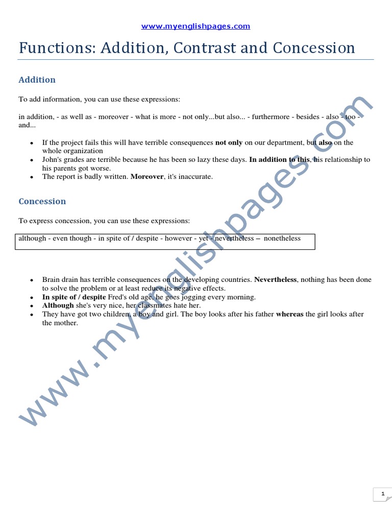 Functions Contrast Addition Concession | PDF