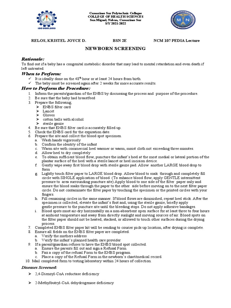 Newborn Screening Procedure Guide | PDF | Clinical Medicine | Medical ...