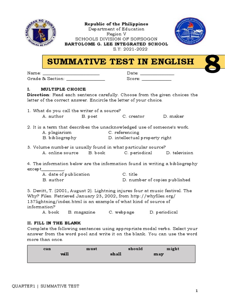 Summative English q1 g8 | PDF | Linguistics | Cognition