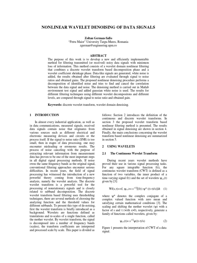 Nonlinear Wavelet Denoising Method | PDF | Wavelet | Signal Processing