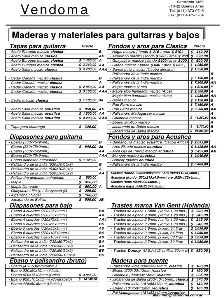 Maderas para Guitarras y Bajos | PDF | Guitarras | Instrumentos de cuerda