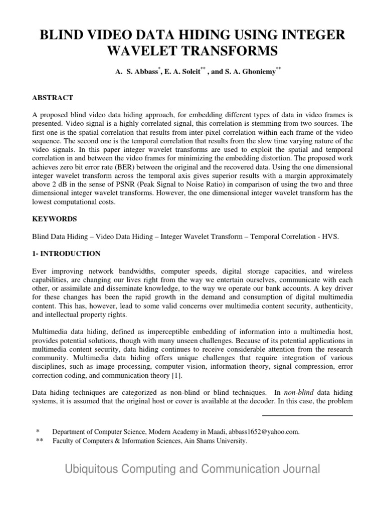Blind Video Data Hiding Using Integer Wavelet Transforms 9 9 | PDF