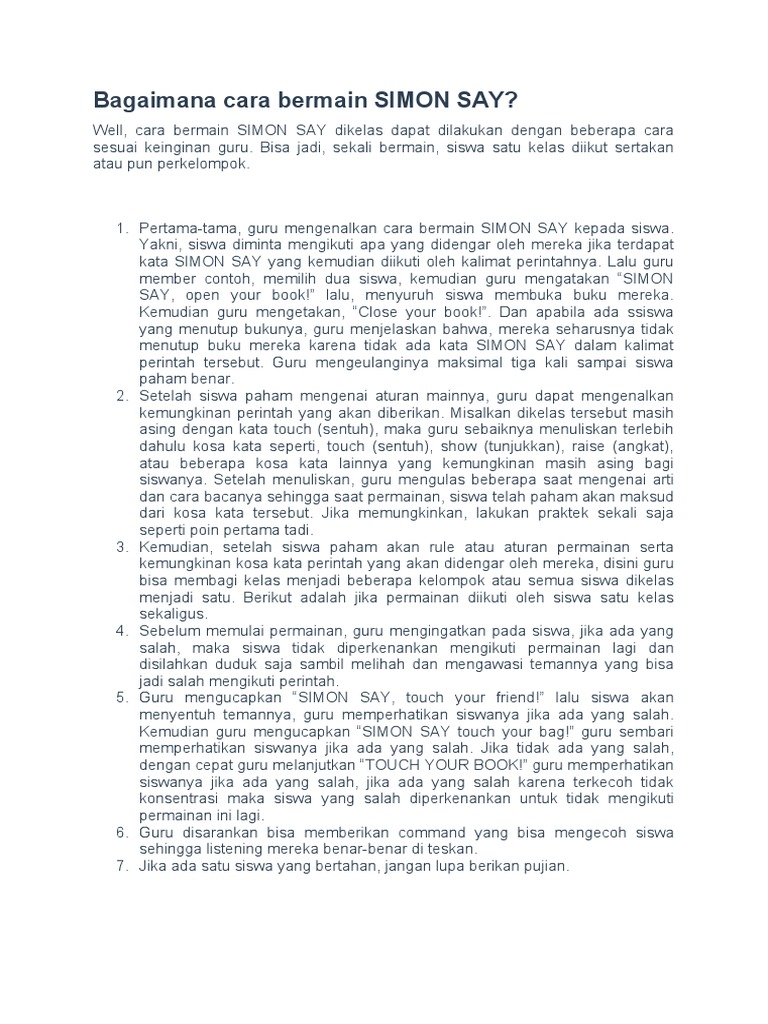 Bagaimana Cara Bermain SIMON SAY | PDF