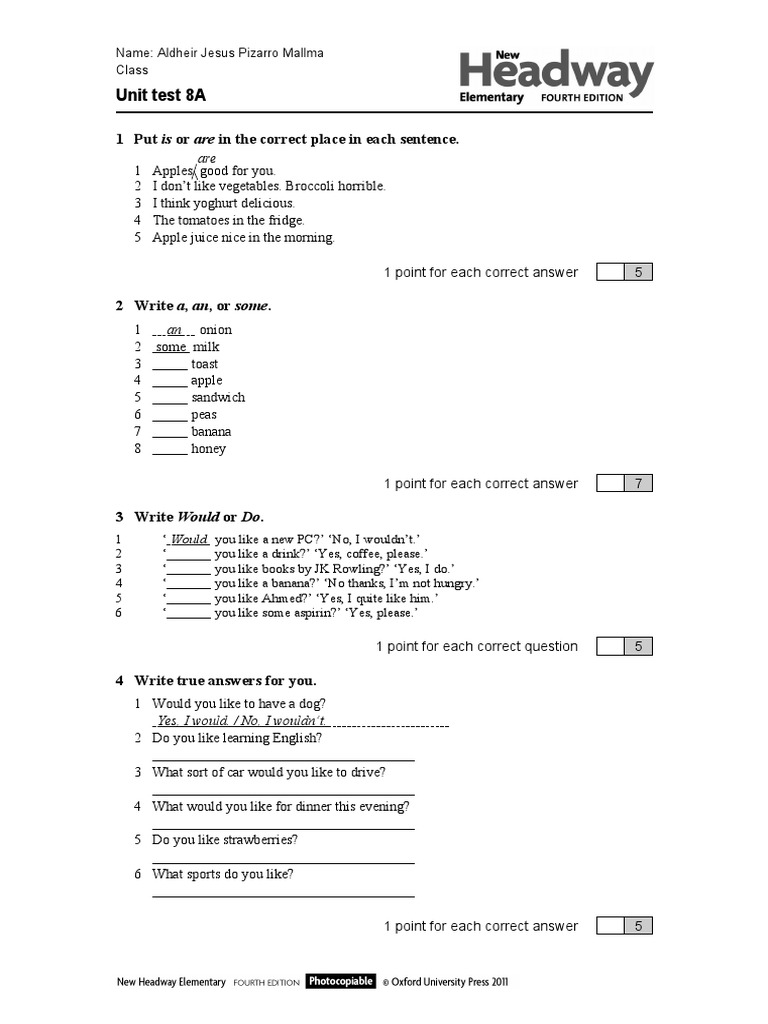 Unit Test 8A: English Grammar Exercises | PDF | Foods | Potato