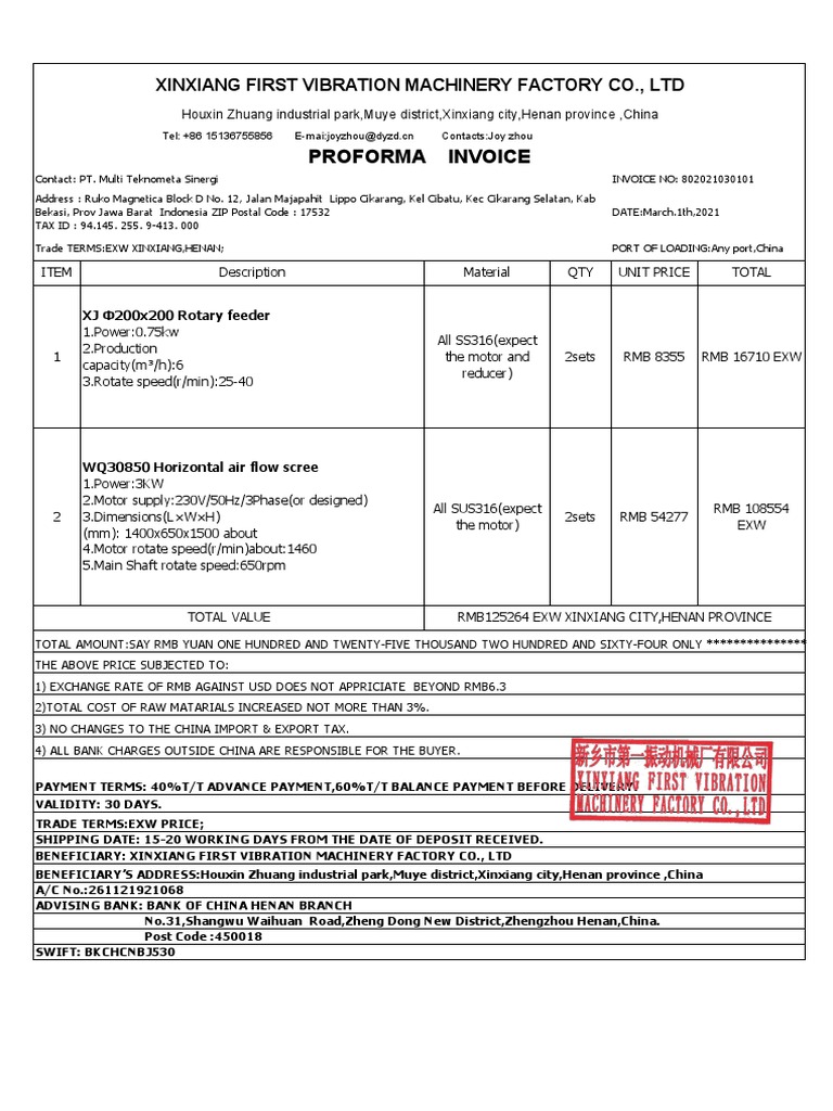 Proforma Invoice for Machinery Purchase | PDF | Renminbi | Trade