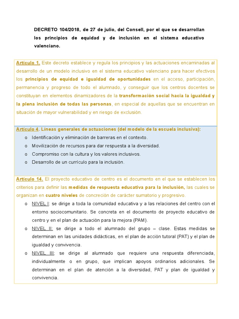 DECRETO 104 - 2018 Resumen | PDF | Inclusión (Educación)