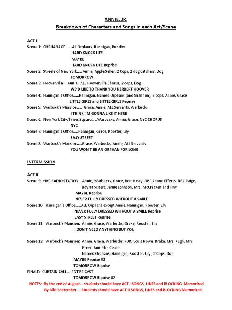 Annie Jr. Character and Scene Breakdown | PDF | Mystery, Thriller ...