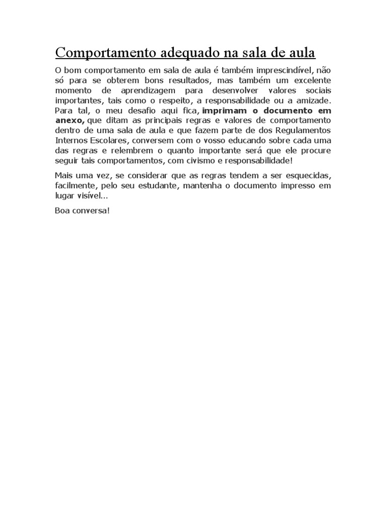 Comportamento Adequado na Sala de Aula | PDF | Bem-estar
