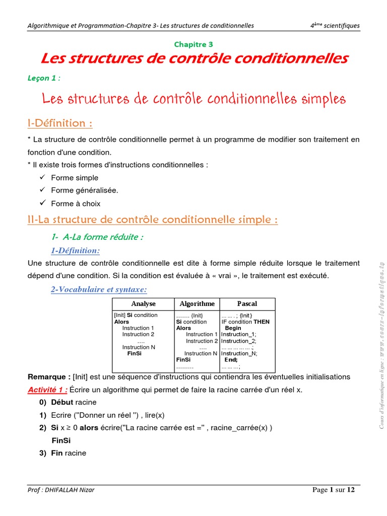 Les Structures De Contrôle Conditionnelles – PRLCE