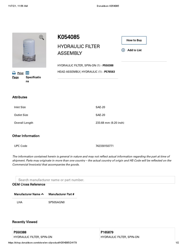 素晴らしい価格 Donaldson hydrauliczny filtrami K054085