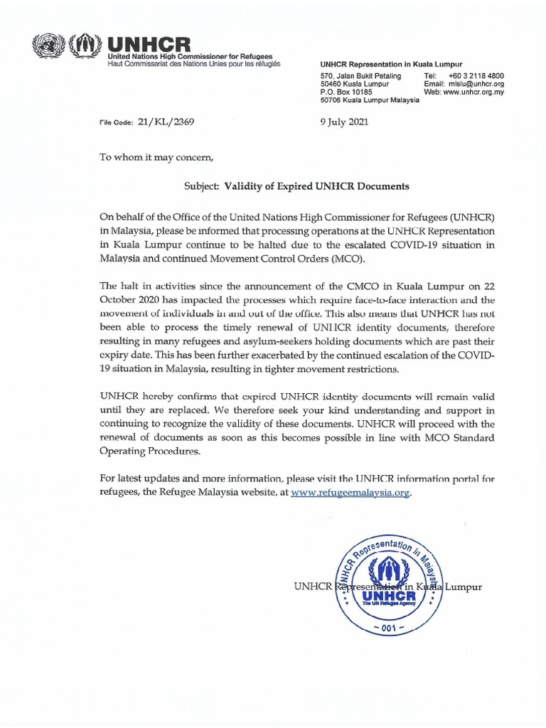 UNHCR Official Letter Dated 9.7.2021 | PDF