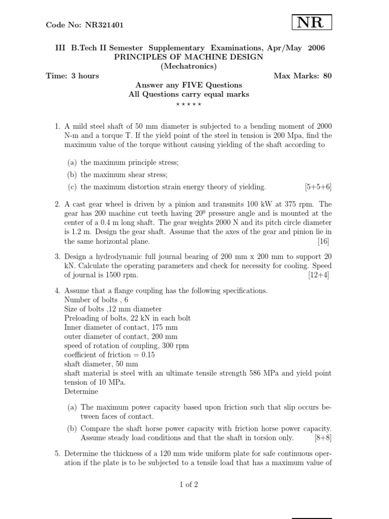 Machine Design Principles Exam Questions | PDF | Yield (Engineering) | Gear