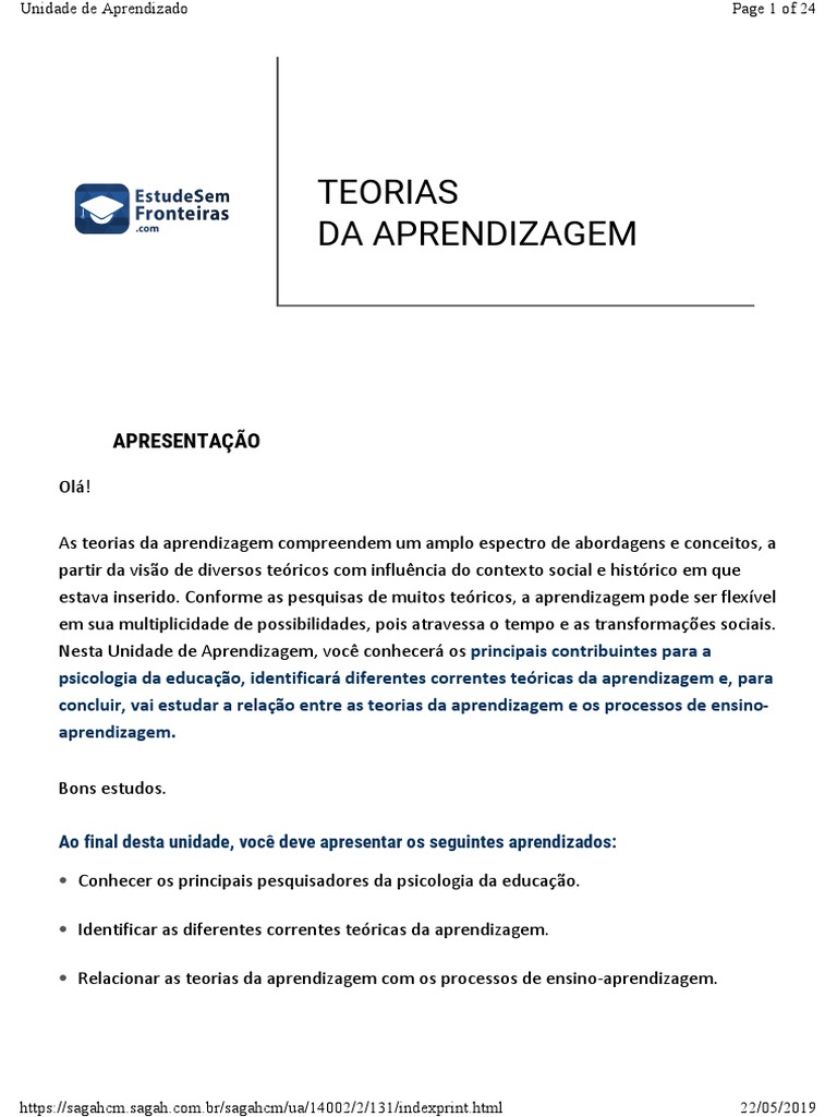 Teorias da Aprendizagem na Educação | PDF | Aprendizado | Psicologia