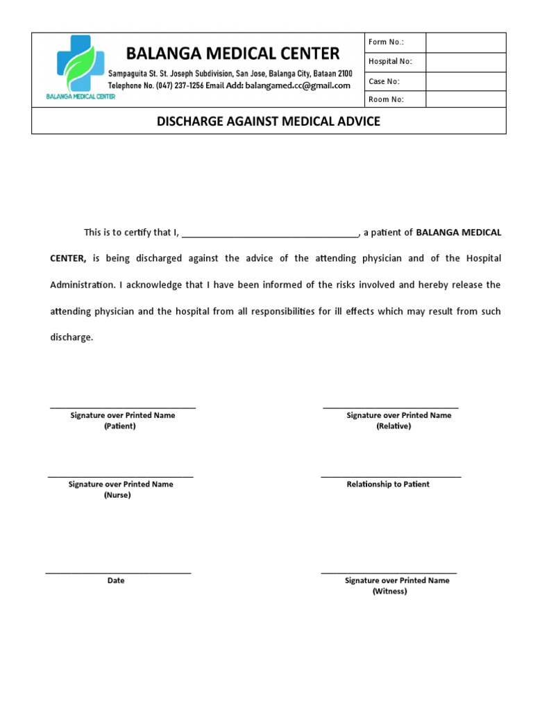 Discharge Against Medical Advice: Form No.: Hospital No: Case No: Room ...