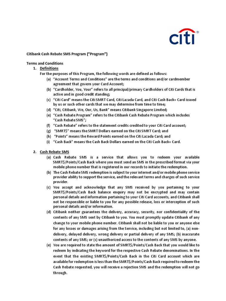 Citibank Cash Rebate SMS Program Program Terms And Conditions 1 