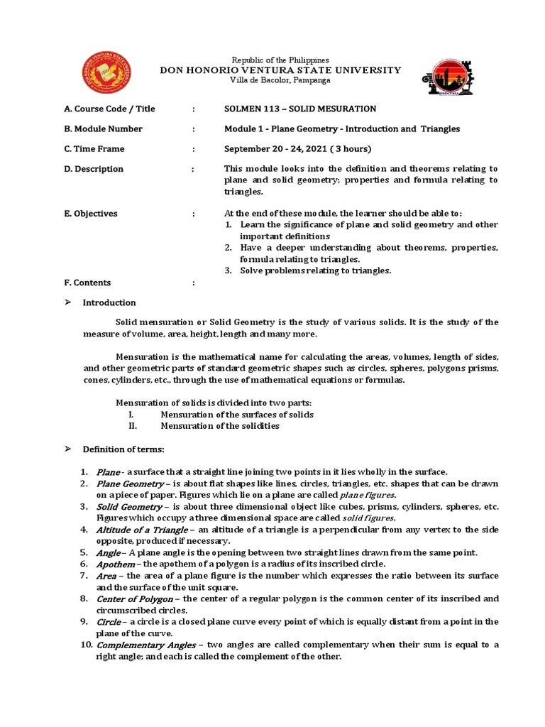 MODULE 1 Plane Geometry Introduction and Triangles 1 | PDF | Triangle ...