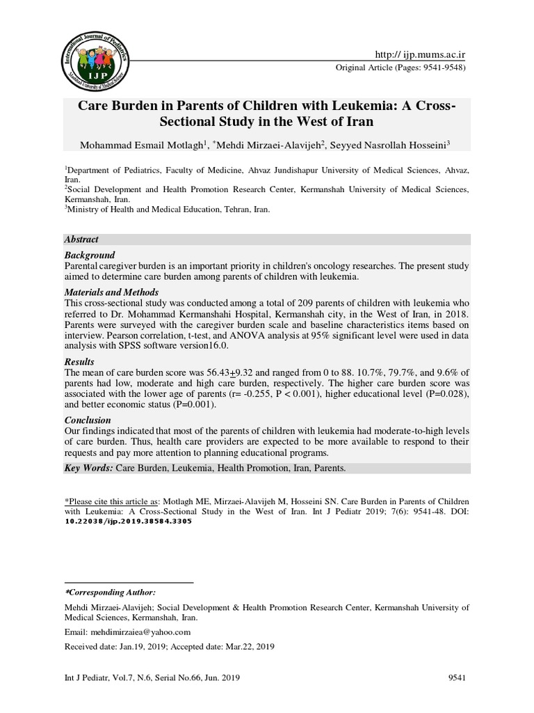 Care Burden in Parents of Children With Leukemia: A Cross - Sectional ...