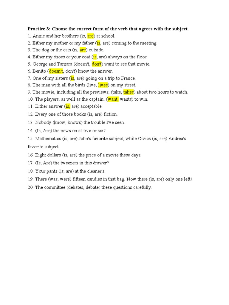 Practice 3: Choose The Correct Form of The Verb That Agrees With The ...