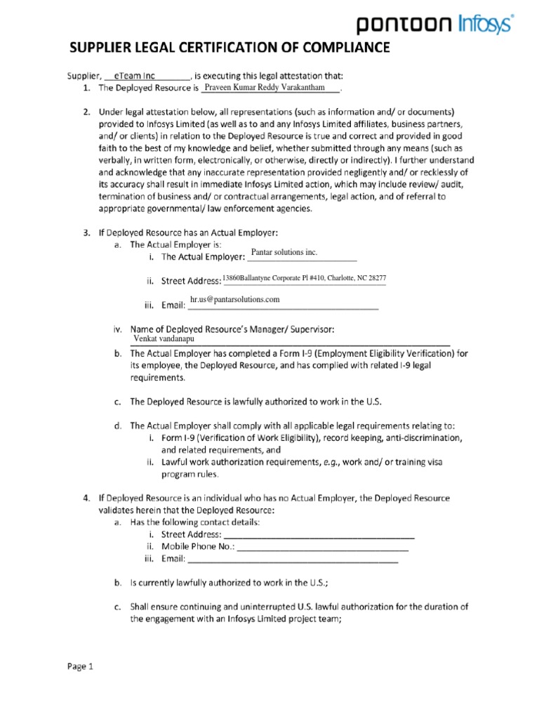 Supplier Legal Certification of Compliance | PDF