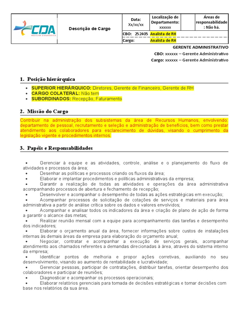 Descrição de Cargos - Gerente Administrativo | PDF | Gestão de recursos ...