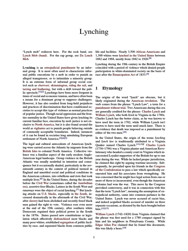 Lynching: 1 Etymology | PDF | Lynching | Southern United States