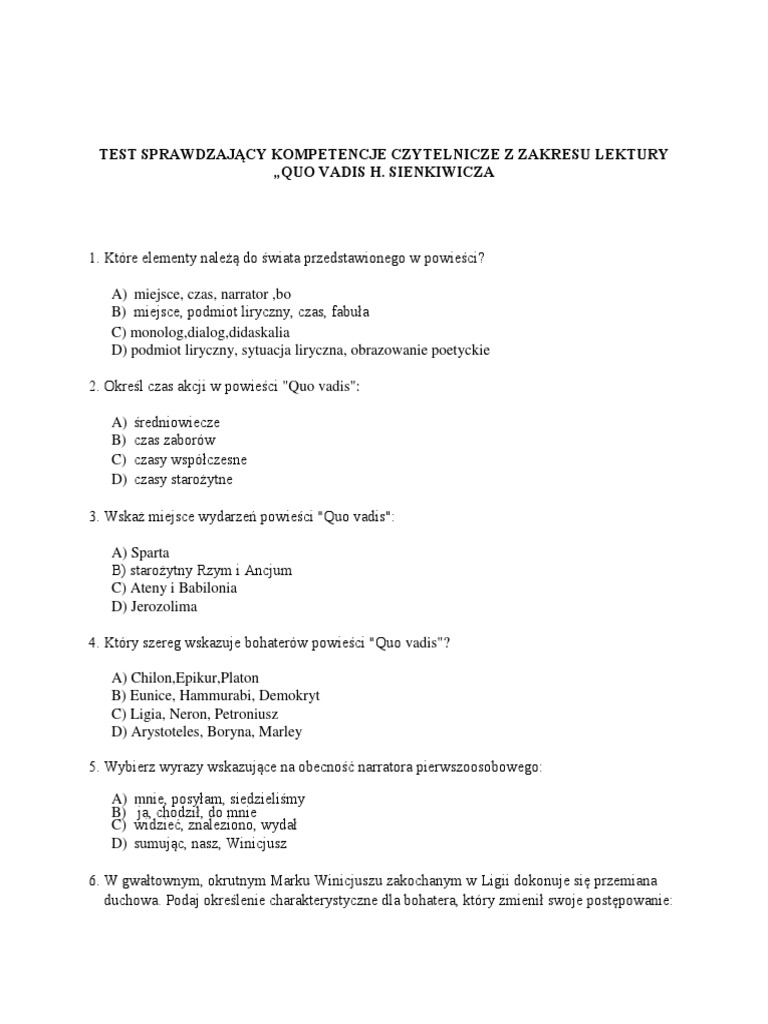 Quo Vadis Test Pytania Otwarte