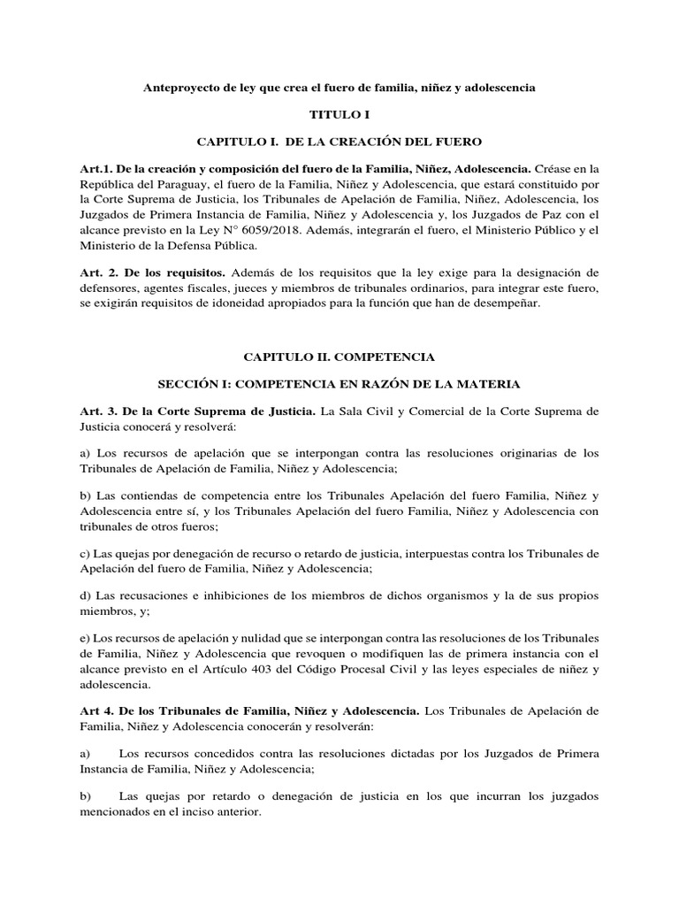 Anteproyecto de Ley Que Crea El Fuero de Familia para La Repblica Del ...