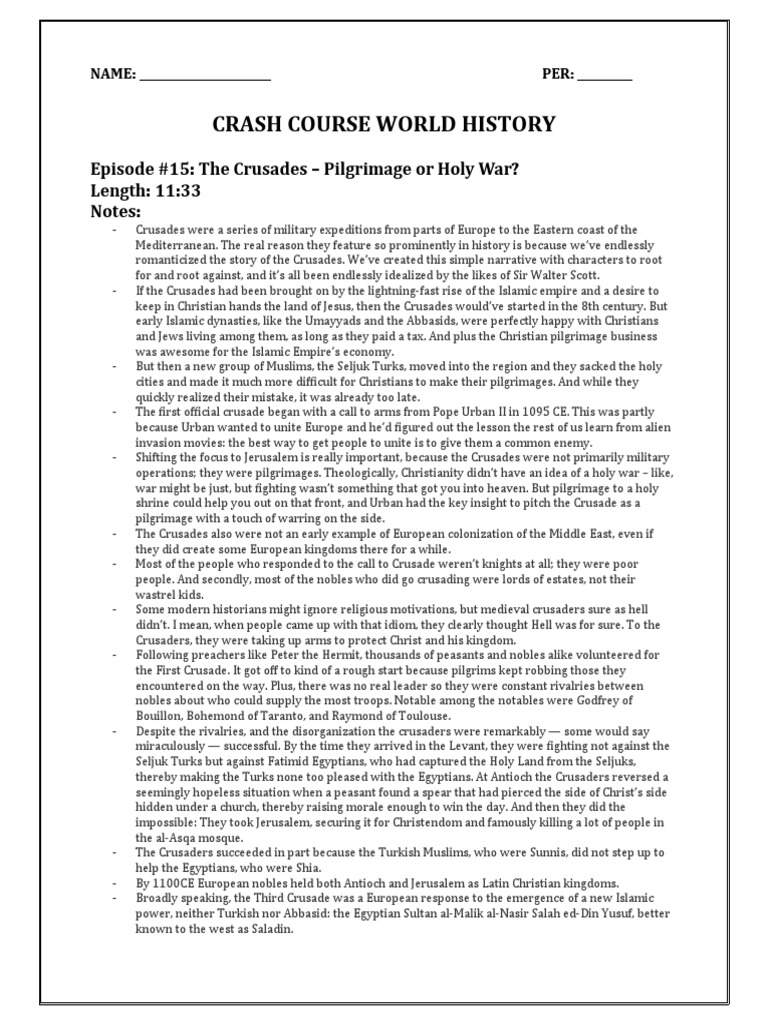 Crash Course World History Episode 15 The Crusades Pilgrimage or