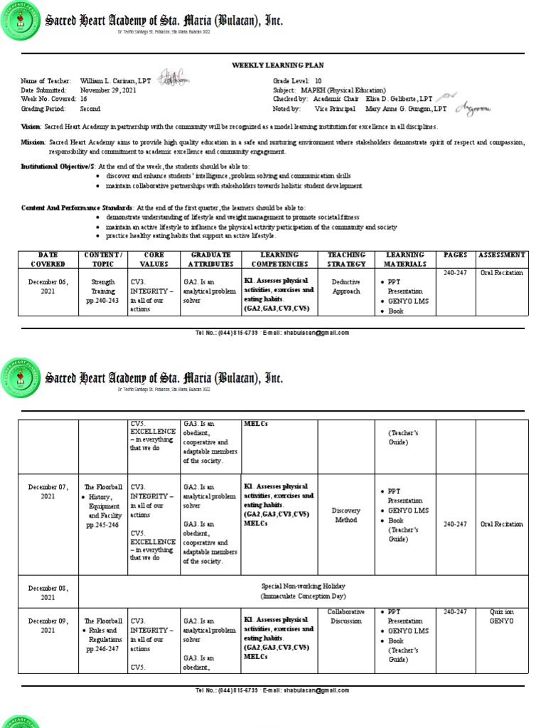 Weekly MAPEH Learning Plan for Grade 10 | PDF | Learning | Physical ...
