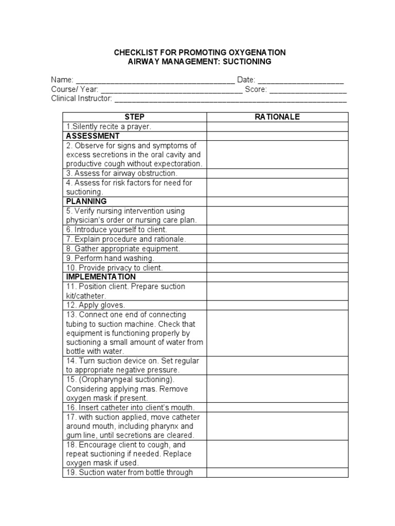 Checklist For Promoting Oxygenation Airway Management Suctioning PDF