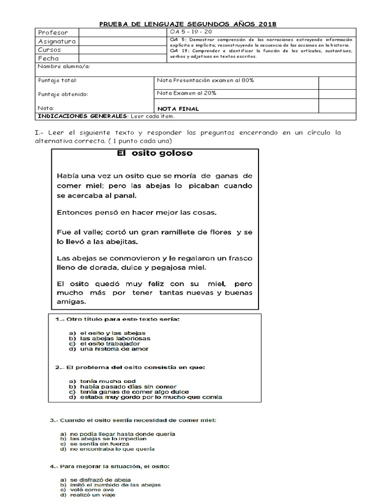 Prueba de Lenguaje Segundo Basico | PDF
